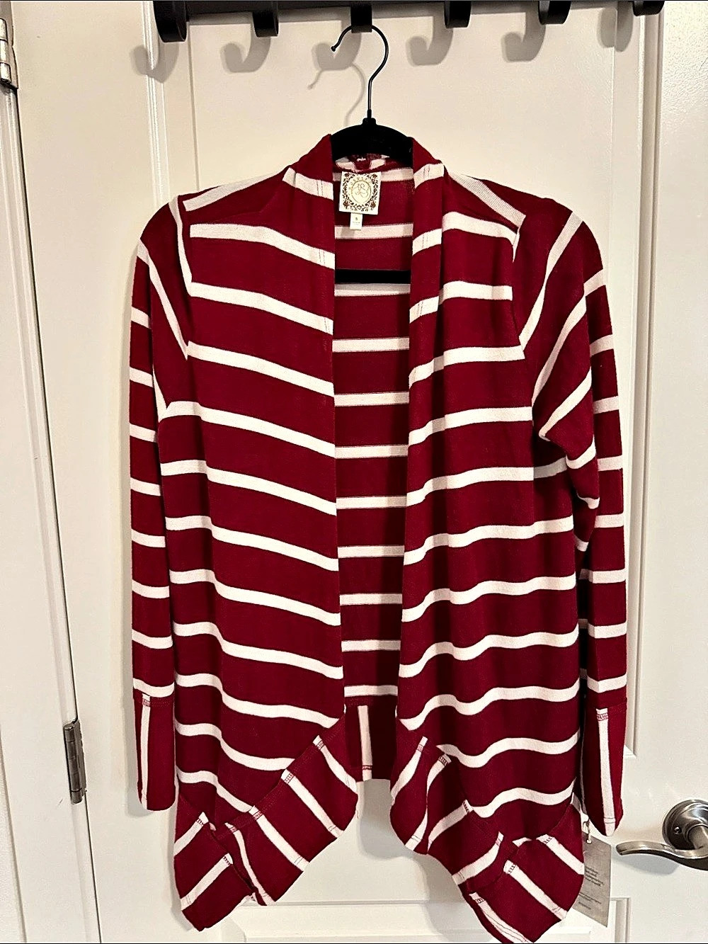 Tru Self Striped Open Front Cardigan Red & White Size Small NWT